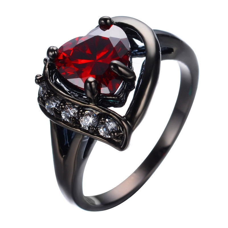 Romantic Big Heart Ring Crystal Black Gold Filled Cubic Zircon Red Stone Ring Wedding Engagement Jewelry