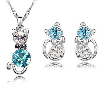 Romantic Engagement Gold Plated Cute Cat Jewelry Sets Necklace Earrings with Austrian Crystal