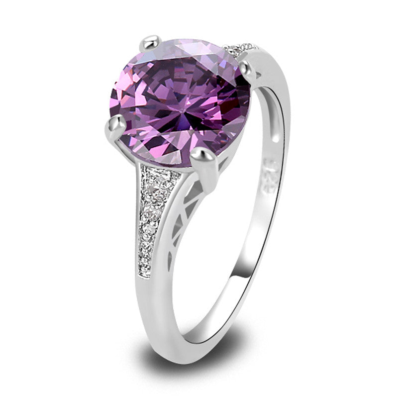Romantic Women Purple Jewelry Chic Round Cut Purple Amethyst Silver Wedding Ring