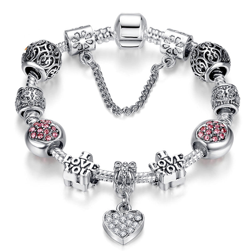 Russia Belarus Popular Women Bracelet 925 Silver Heart Charm Bracelet & Bangle With Vintage Silver Beads Jewelry