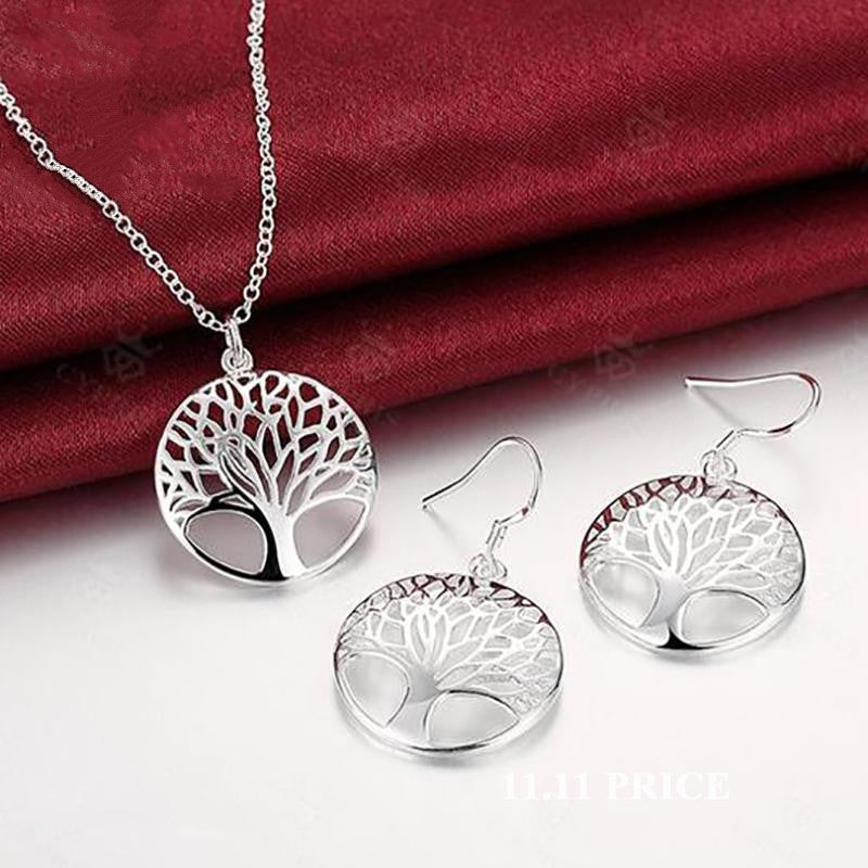 Best Silver Tree Of Life jewelry set necklace earring 18inch totem gift wife girl friend women wedding Valentines
