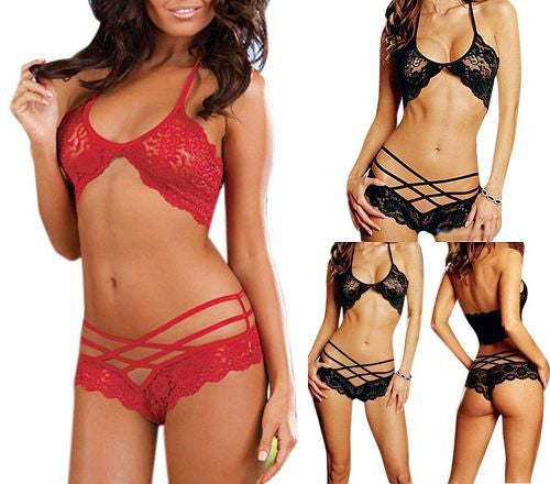 Sexy Woman Lace Sleepwear Halter Underwear Lingerie G-string Black Red