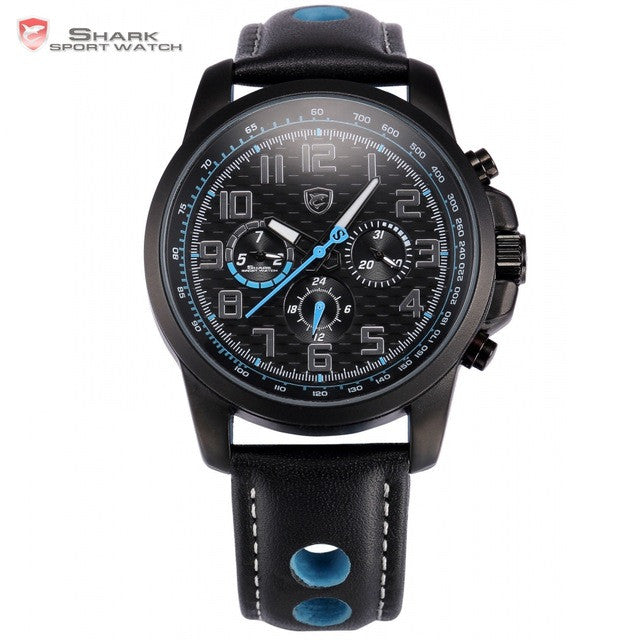 Shark Sport Watch Brand 3 ATM Waterproof Day Date Display Black Blue Dial Leather Band Men Quartz Military Wristwatch
