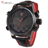 Shark Sport Watch LED Black Red Stainless Steel Case Analog Digital Dual Movement Tag Timezone Leather Strap Men Clock