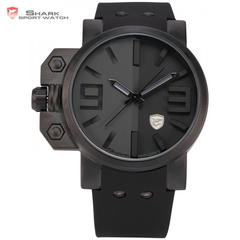 Shark Sport Watch Stainless Steel Case Full Black Dial Big Face Cool Men Silicone Strap Men Outdoor Military Wristwatch