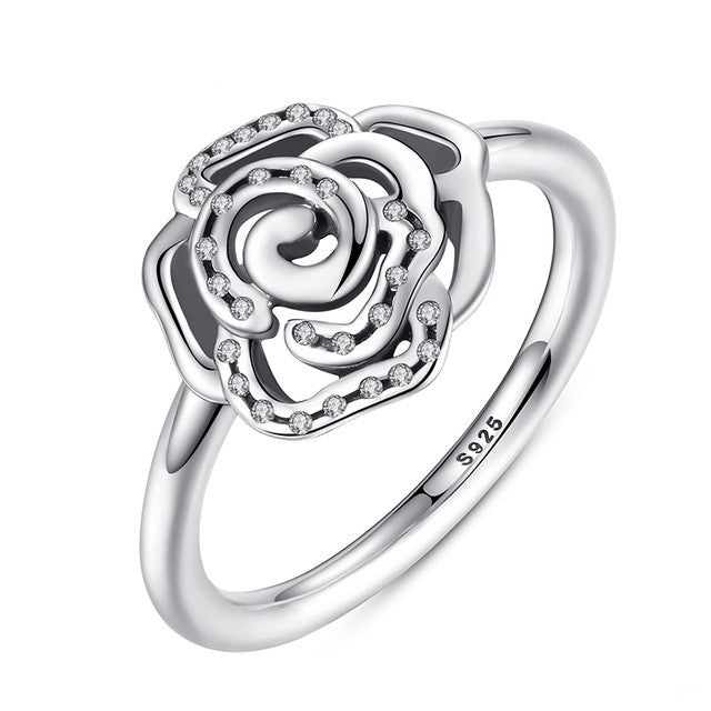 Shimmering Delicate Rose Flower Ring with Clear CZ Ring Original 100% 925 Sterling Silver Jewelry