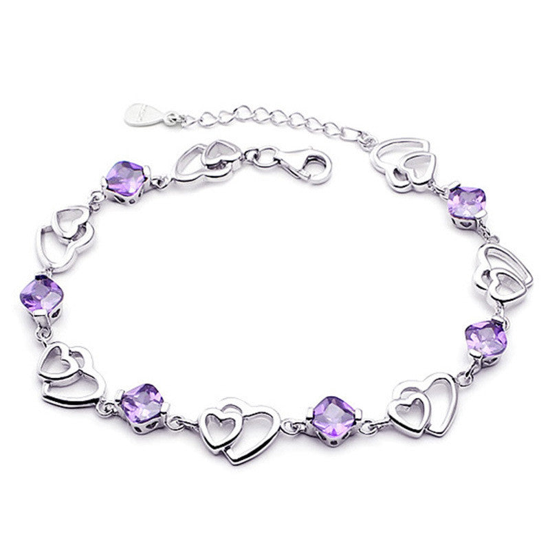 Silver plated double heart-shaped amethyst bracelet fashion female models cute vintage jewelry amethyst jewelry