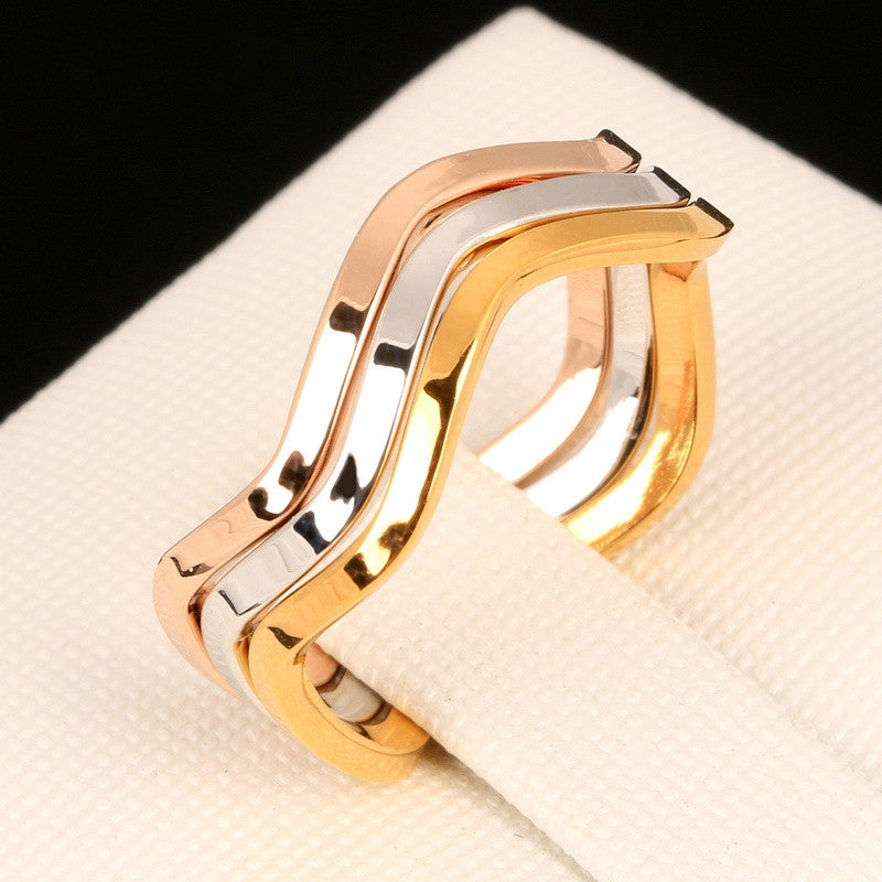 Simple Style 3 Color Rounds Wave Rings Rose Gold Plated Fashion Brand Rock Jewellery/Jewelry For Women