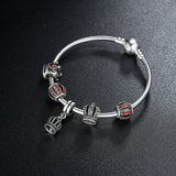 Simple 925 Silver Charm Bangle & Bracelet with Royal Crown Pendant & Red Crystal Ball Friendship Bracelet 