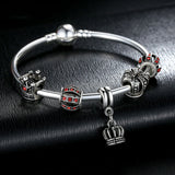 Simple 925 Silver Charm Bangle & Bracelet with Royal Crown Pendant & Red Crystal Ball Friendship Bracelet 