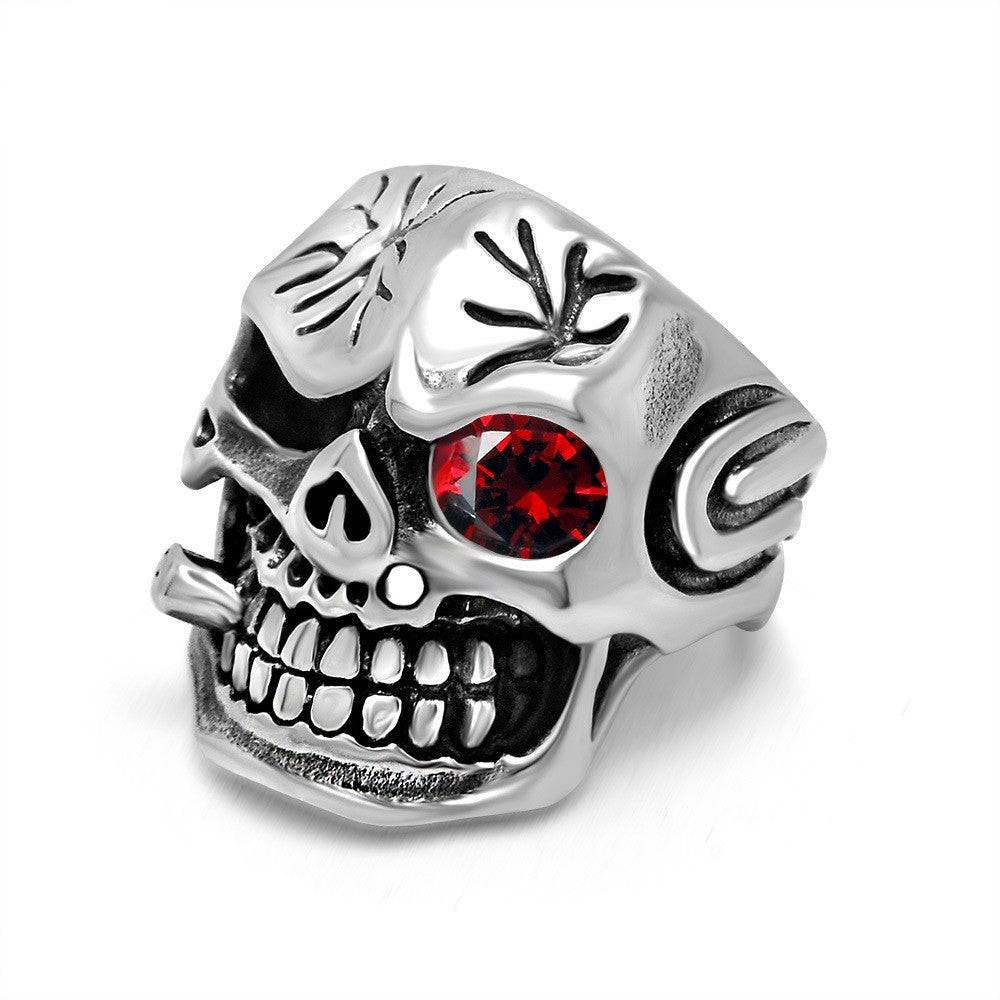 Personality Men's Retro Skull Ring Biker Jewelry Titanium Steel Rings With Red Zircon Eye Bijoux European Style