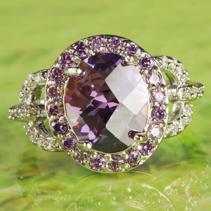 Splendide Noble Oval Cut Amethyst & White Topaz Silver Ring Fashion Women Purple Jewelry