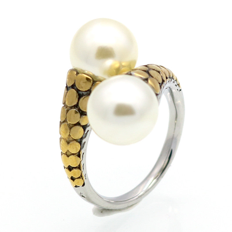 Spring New Arrival Hot High Quality Stainless Steel Vintage Fashion Double Pearl Ring Gold Plated For Women Party Jewelry