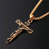 Stainless Steel Yellow Gold Plated INRI Jesus Piece Cross Pendant & Necklace Chain For Men Gift Vintage Christian Jewelry 