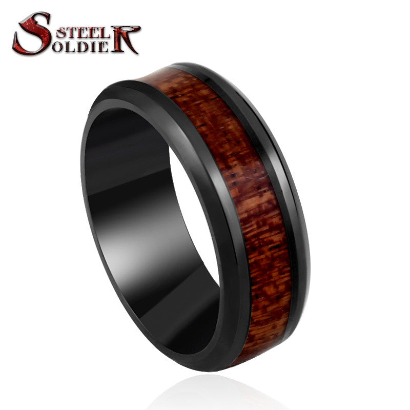 Steel soldier black ring with dark red wood inlay inside ring men unique fashion engagement jewelry