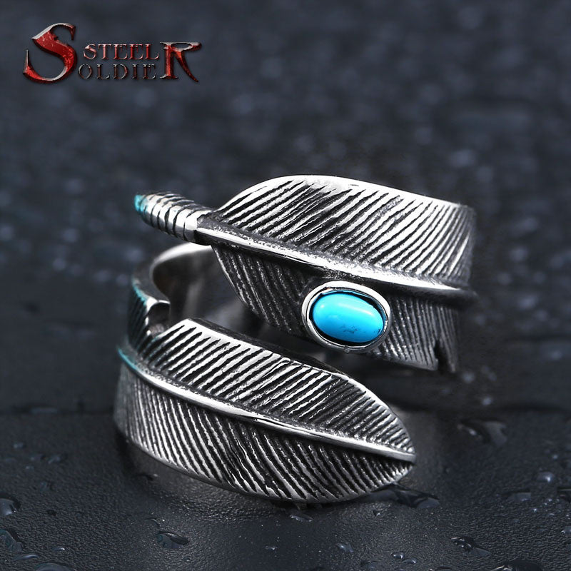 Steel soldier stainless steel feather with stone opening ring popular jewelry