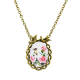Summer Style Jewelry Vintage Antique Bronze Oval Flower Bird Alloy Pendant Necklace Glass Cabochon Statement Necklace for Women