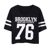 Summer Cropped Top 2016 Female BROOKLYN 76 Print Number Top Casual Short Sleeve Letters Print Monogrammed Crop T-Shirt