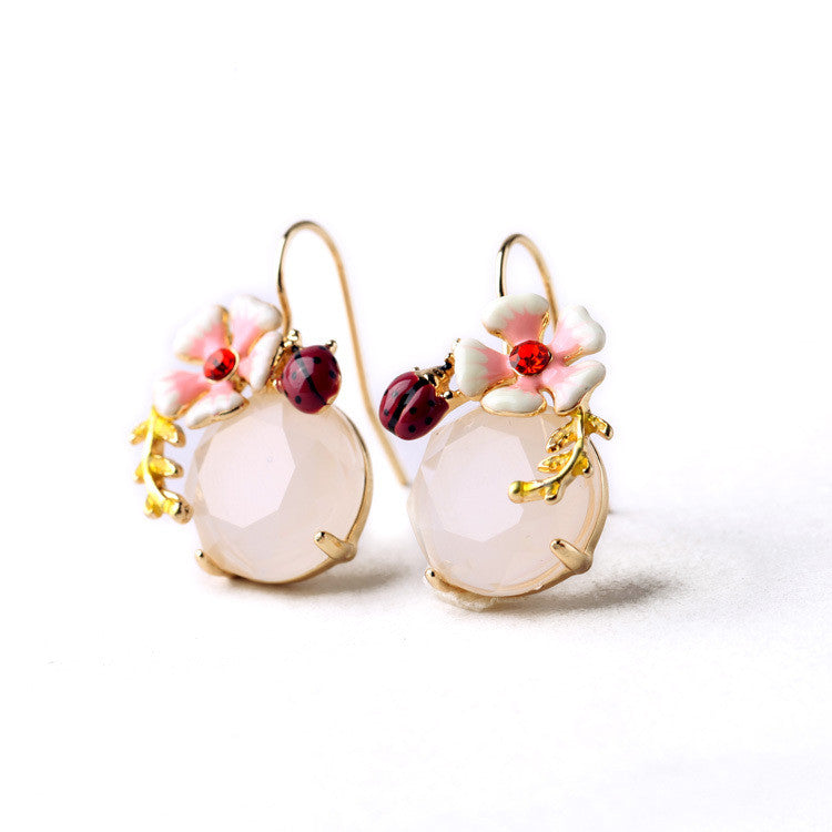 Summer New Design Sweet Earring Enamel Flower Ladybug Round Gem Short Drop Earring For Women