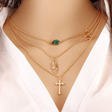 Summer Style Fashion Chain Geometric Cross Necklace Leaf Eye Multi layer Triangle Bohemian Bead Double Chain Necklace Gold