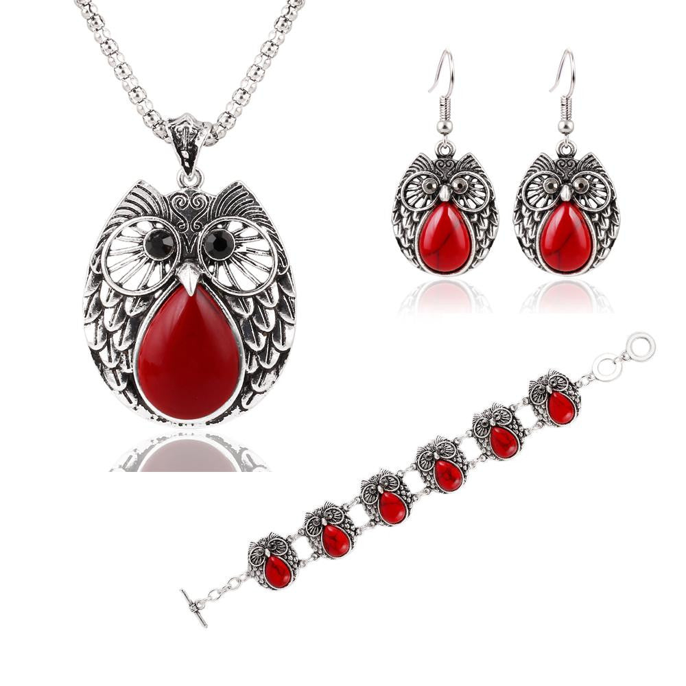 Summer Style Jewelry Sets Silver Plated Vintage Turquoise Pendant Necklace Owl Drop Earrings Charm Bracelet Fashion For women