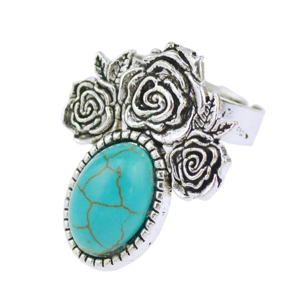Summer Style Vintage Retro Tibet Flower Silver Plated Color Special Oval Turquoise Finger Ring for Women Fine Jewelry Gift