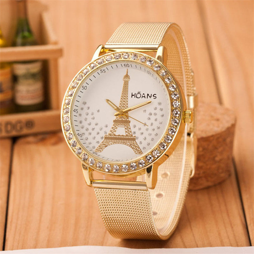 Superior Ladies Crystal Tower Gold Stainless Steel Mesh Band Wrist Watch