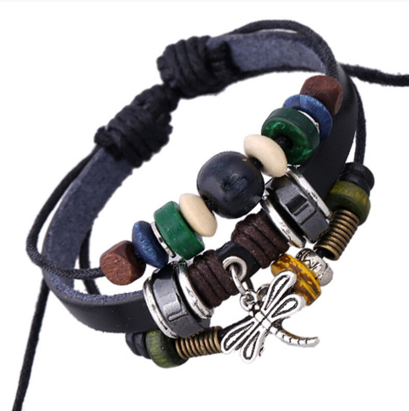 Tibetan Designer Vintage Adjustable Women Cuff Wristband Bracelets Dragonfly Pendants Genuine Black Leather Hand Wrap Bracelets