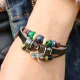 Tibetan Designer Vintage Adjustable Women Cuff Wristband Bracelets Dragonfly Pendants Genuine Black Leather Hand Wrap Bracelets