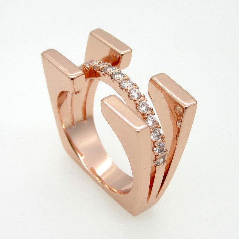 Top Quality Fashion Jewelry Square Double Luxury Brand Crystal Ring For Women 18K Rose Gold Plated With Cubic Zircon Ring