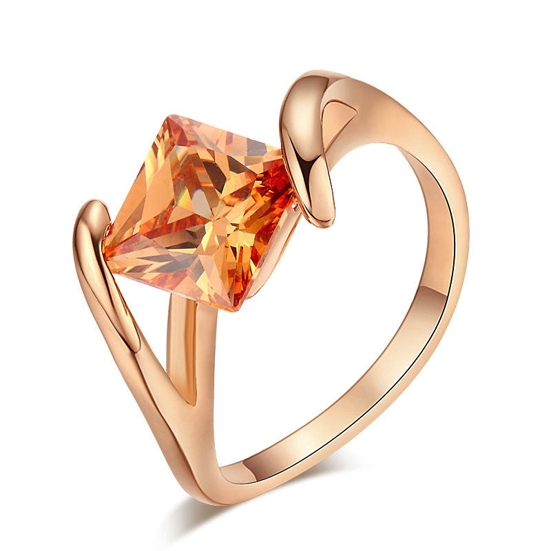 Top Quality Square Orangle Crystal Rose Gold Plated Fashion Ring Austrian Crystals Full Sizes 