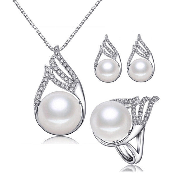 Top quality 18k white gold plated pearl jewelry set fashion 925 sterling silver necklace/earrings/ring for women