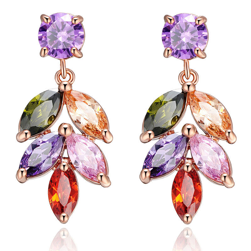 Trendy Colorful Crystal Stud Earrings Rose Gold Plated Leaves Flower Cubic Zircon Fashion Jewelry Earrings for Women
