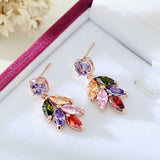 Trendy Colorful Crystal Stud Earrings Rose Gold Plated Leaves Flower Cubic Zircon Fashion Jewelry Earrings for Women