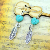 Trendy Female Love Heart Turquoise Long Drop Earring With Tibetan Silver Metal Feather Crystal Vintage Jewelry