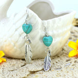 Trendy Female Love Heart Turquoise Long Drop Earring With Tibetan Silver Metal Feather Crystal Vintage Jewelry