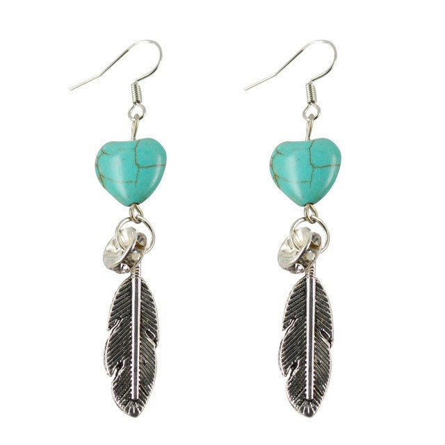Long Tibetan Silver Feather and Heart Shape Earring Turquoise Wonderful Female Banquet Accessory