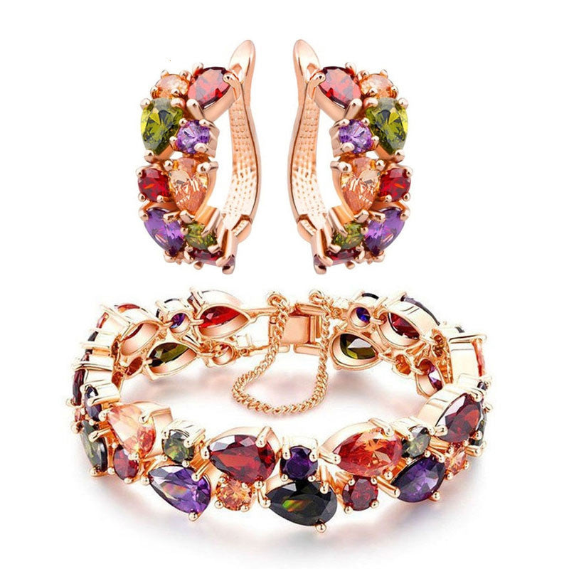 Trendy Shining Colorful Jewelry Sets CZ Diamond Bracelet&Earrings Rose Gold Plated Accessories Jewelry Sets for Bridal Wedding