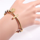 Trendy Stainless Steel Gold Plated Stretch Beaded Bracelets Virgin Mary Charm Cross Bracelets&Bangles Women Fine Jewelry
