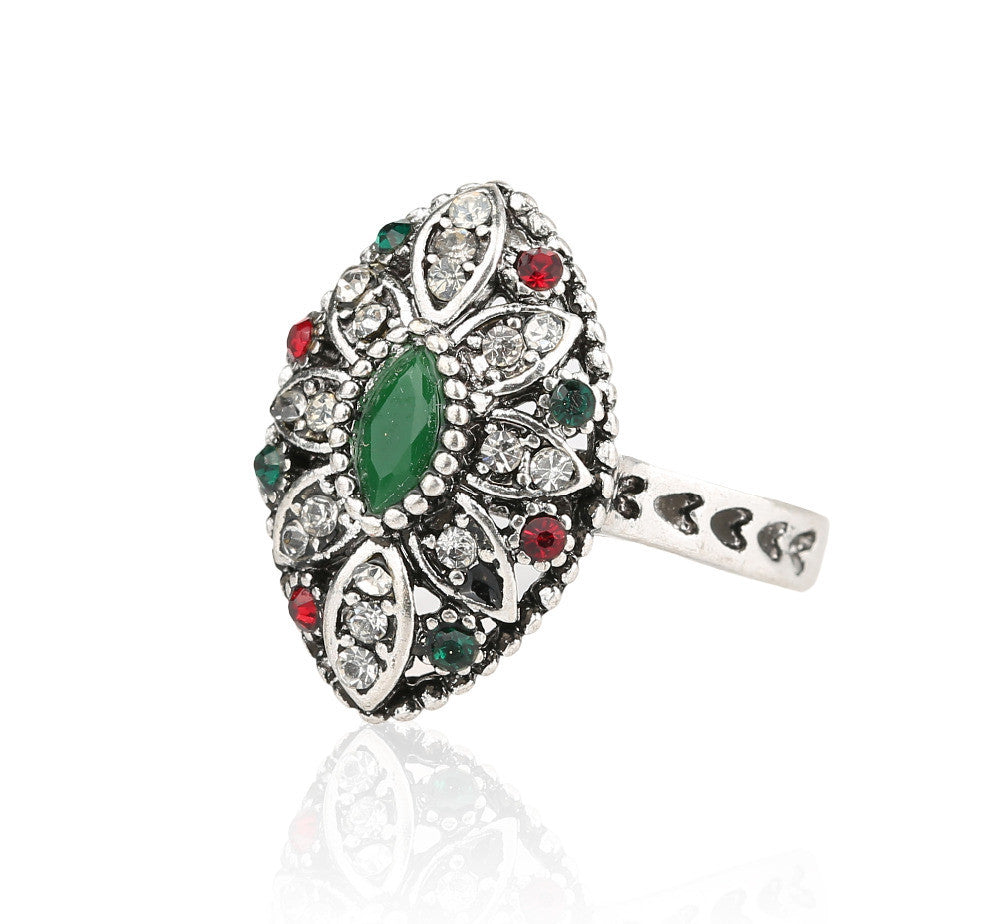 Turkish Jewelry Beautiful Flower Antique Tibetan Silver Rings For Women Fashion Resin Ring Crystal Gifts