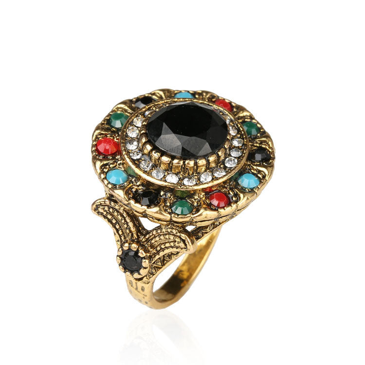 Turkish Jewelry Gold Plated Ring Fashion Bohemian Tibetan Silver Alloy Colorful Resin And Crystal Round Rings For Women