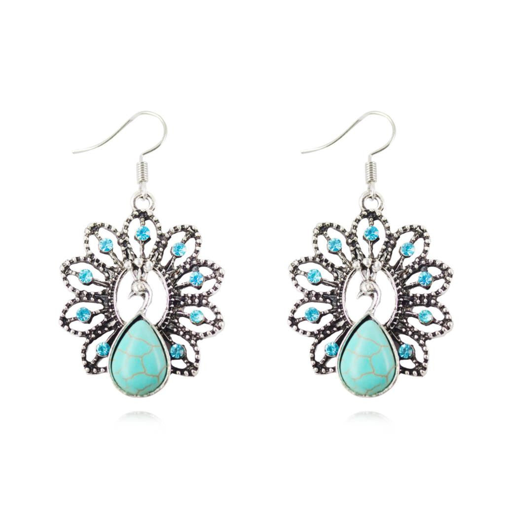 Turquoise Earrings Charming Crystal Water-Drop Peacock Shaped Dangle Earrings for Woman Brincos Fine Jewelry
