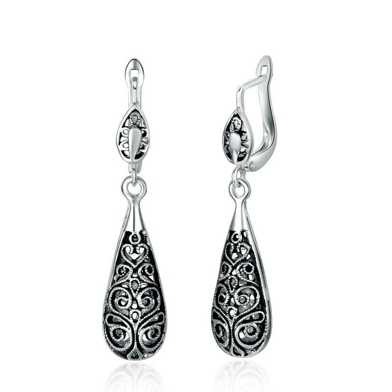 New Antique Silver Plated Vintage Alloy Carven Pattern Clasp Dangle Earrings
