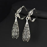 Antique Silver Plated Vintage Alloy Carven Pattern Clasp Dangle Earrings 