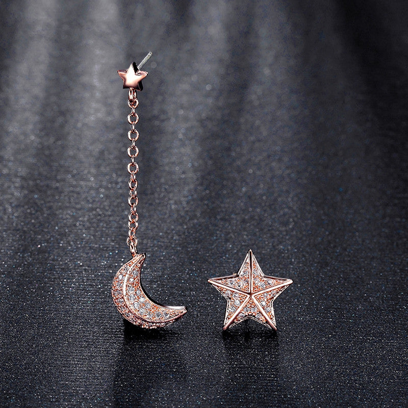 Mismatched Star and Moon With Chain CZ simulated Diamond White Rose Gold Plated Drop Earrings for Women Pendientes