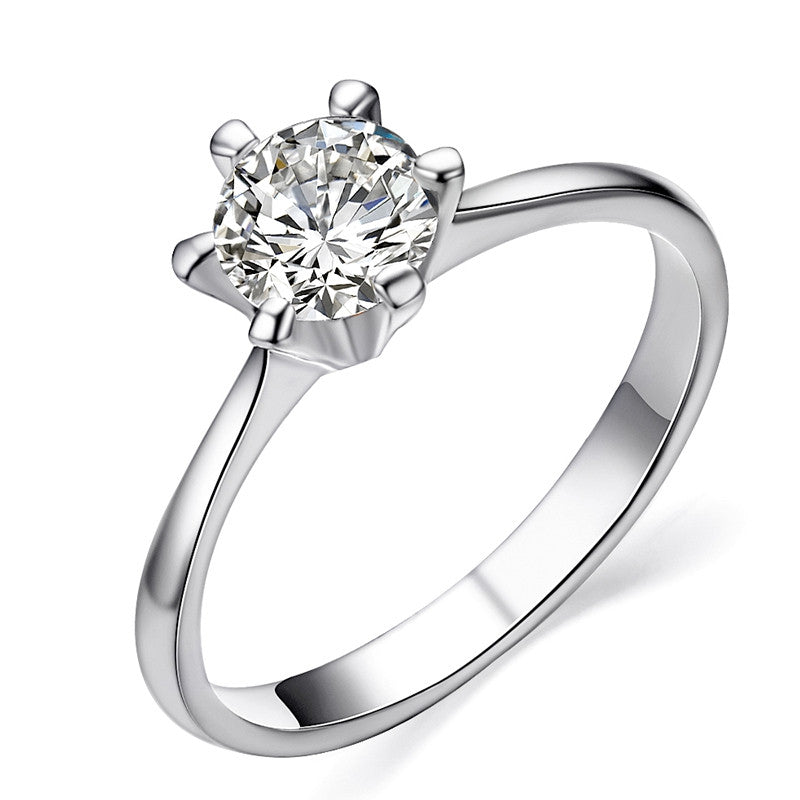 Platinum Plated Classic Simple Design 6 Prong Sparkling Solitaire 1ct simulatedDiamond forever Wedding Ring bijoux