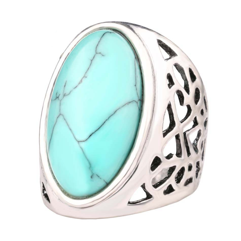 Unique Big Oval Turquoise Ring Bohemian Style Tibet Silver Alloy Jewelry Forever Love Free Promise Rings Carteiras Femininas