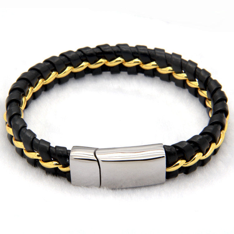 Unique Designer 316L Stainless Steel Bracelets & Bangles Mens Gift Black Leather Knitted Magnetic Clasp Bracelet Men Jewelry