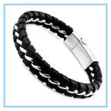 Unique Designer 316L Stainless Steel Bracelets & Bangles Mens Gift Black Leather Knitted Magnetic Clasp Bracelet Men Jewelry