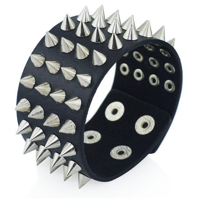 Unique Four Row Cuspidal Spikes Rivet Stud Wide Cuff Leather Punk Gothic Rock Unisex Bangle Bracelet men jewelry 